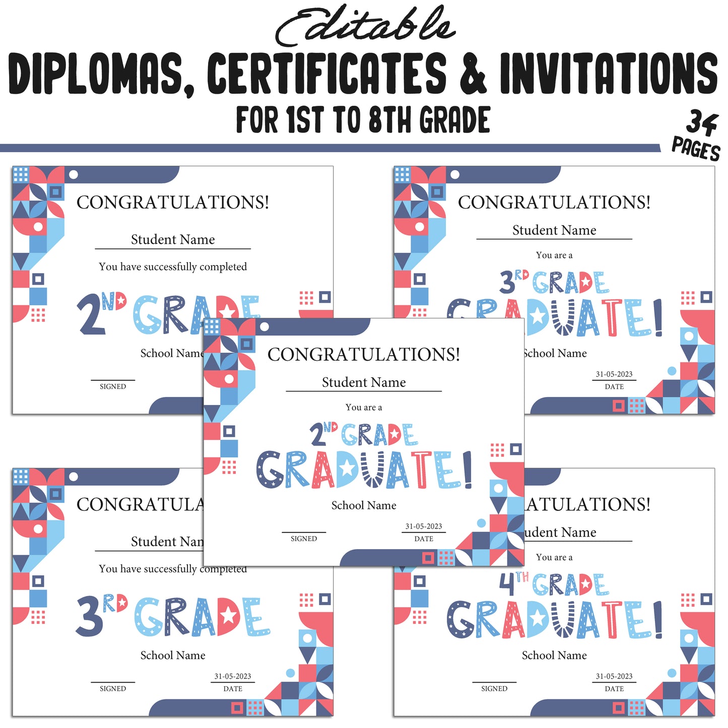 Editable Diplomas for 4th Grade, Certificates for 1st-8th Grade, and Invitation Templates in a Mosaic Theme - 34 Pages, PDF Instant Download