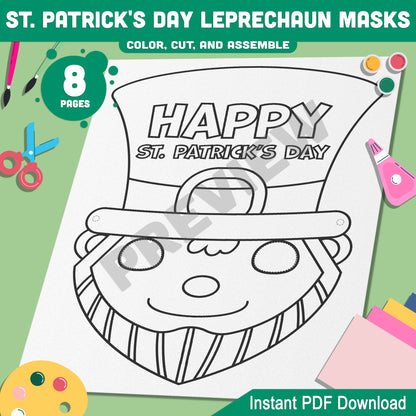 St. Patrick's Day Craft for Kids: Leprechaun Mask Templates with 4 Festive Designs to Color, Cut, and Assemble, Instant Download, PDF File