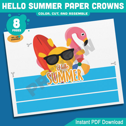 Hello Summer Paper Crown Craft for Kids – Beach Headbands in 4 Designs, Color and Black & White Printable Hats, Instant PDF, 8 Pages