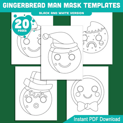 Printable Gingerbread Man Mask Templates: Holiday Craft for Kids, 10 Designs, Pre-Colored + Black and White, Perfect for School Plays, Parties, or Home Fun, PDF