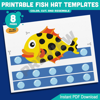 Printable Fish Hat Templates – 8 Fun Paper Crowns with Pre-Colored + Black & White Options, Perfect for Kids’ Ocean Craft and Pretend Play