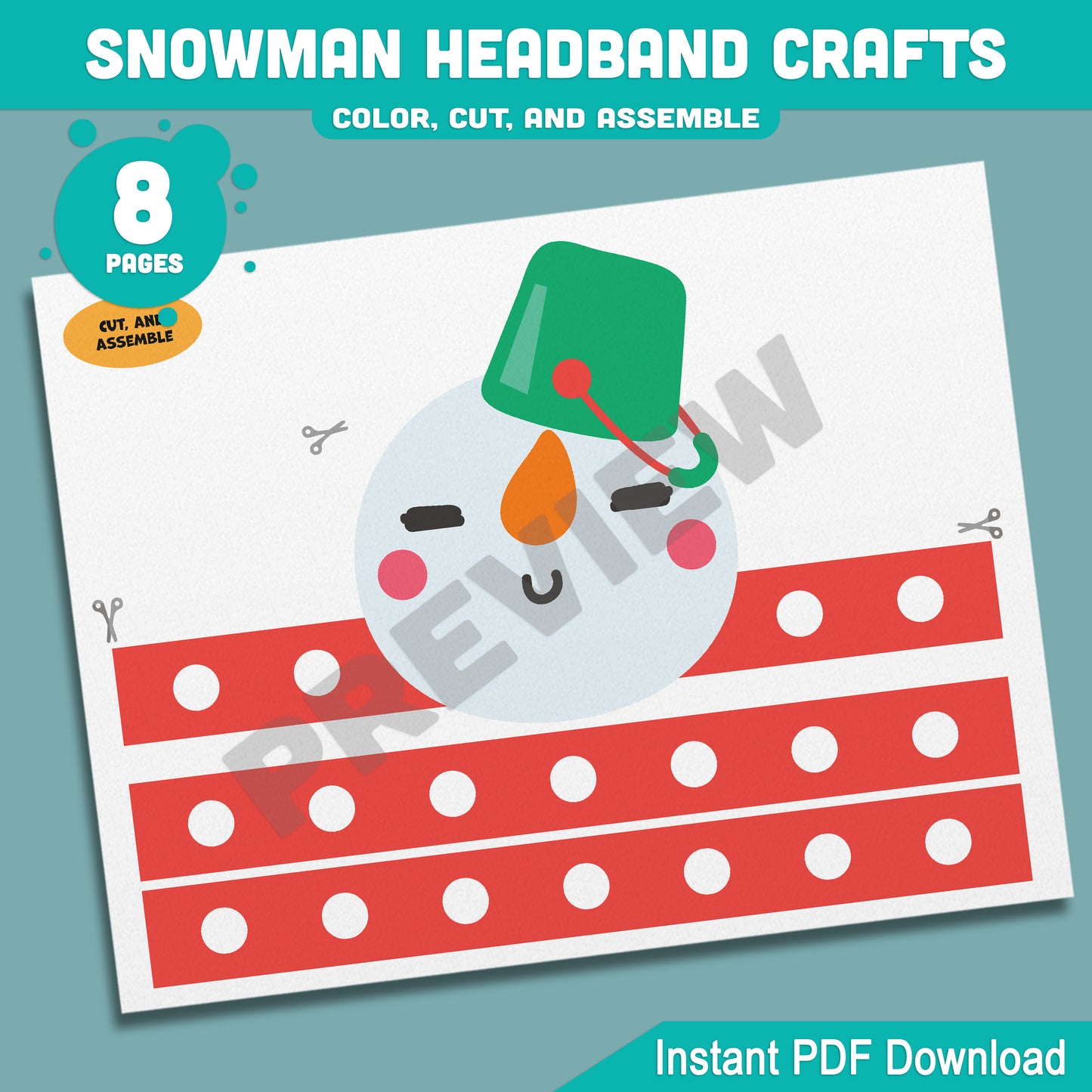 Printable Snowman Headband Crafts, Christmas Crown and Paper Hat Activity, Cut, Color & Assemble, Winter Craft for Kids, 4 Designs, Pre-color + Black & White, PDF Download