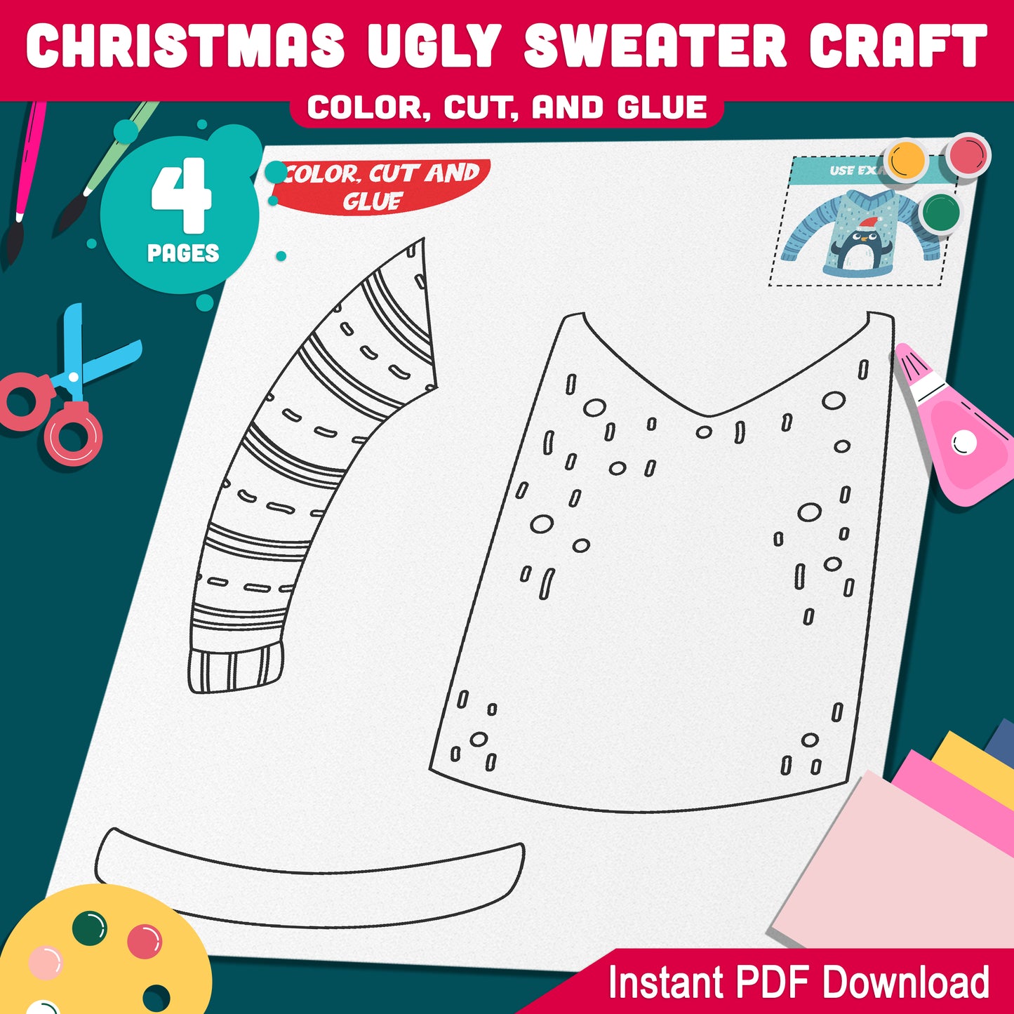 Christmas Craft Template: Create Ugly Sweaters with Color, Cut, and Glue Activity for Kids in PreK-2nd Grade, Easy PDF Download Today!