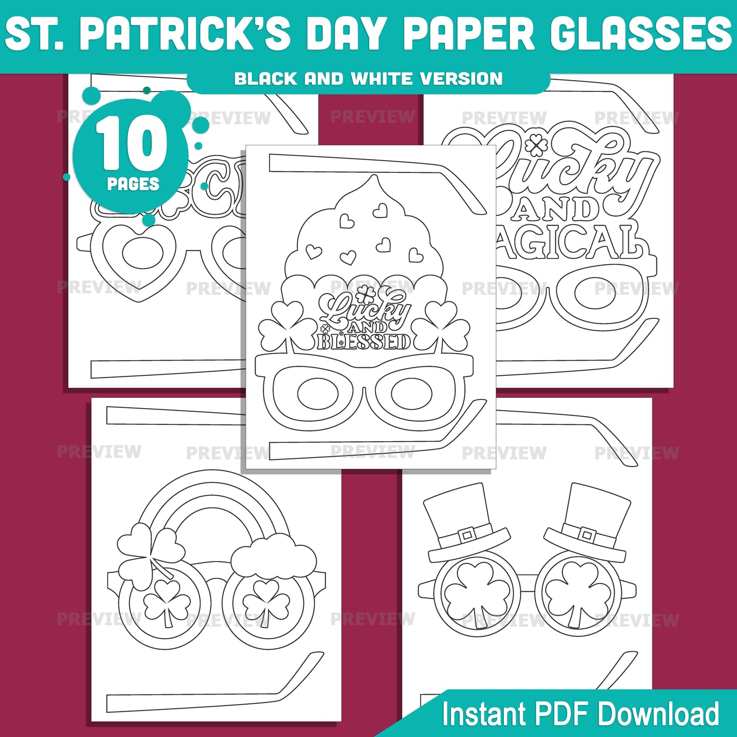 St. Patrick’s Day Glasses Craft Activity for Kids, Shamrock Paper Glasses Printable, 10 Fun Designs, Pre-Colored and Black & White Download