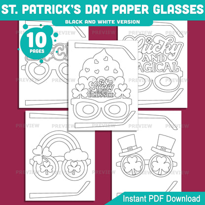 St. Patrick’s Day Glasses Craft Activity for Kids, Shamrock Paper Glasses Printable, 10 Fun Designs, Pre-Colored and Black & White Download