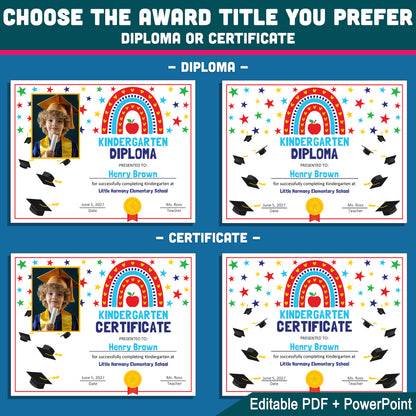 Editable Graduation Certificate Templates for Any Grade, Photo and No-Photo Awards, PDF and PowerPoint, Pre-K to 8th & Beyond