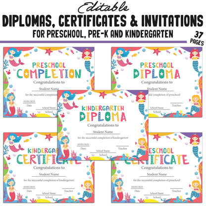 Editable Kindergarten Graduation Invitations, Pre-K and Preschool Completion Certificates, Diplomas, PDF Files, Instant Download