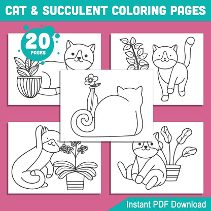 20 Cat and Succulent Coloring Pages for Kids & Adults – Fun, Relaxing, and Creative Activity, Printable PDF Instant Download