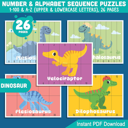 Dinosaur Number and Alphabet Sequence Puzzles: 1-100 Counting and A-Z Sequencing for Toddlers, Preschool, and Kindergarten, Printable PDF for Math Centers