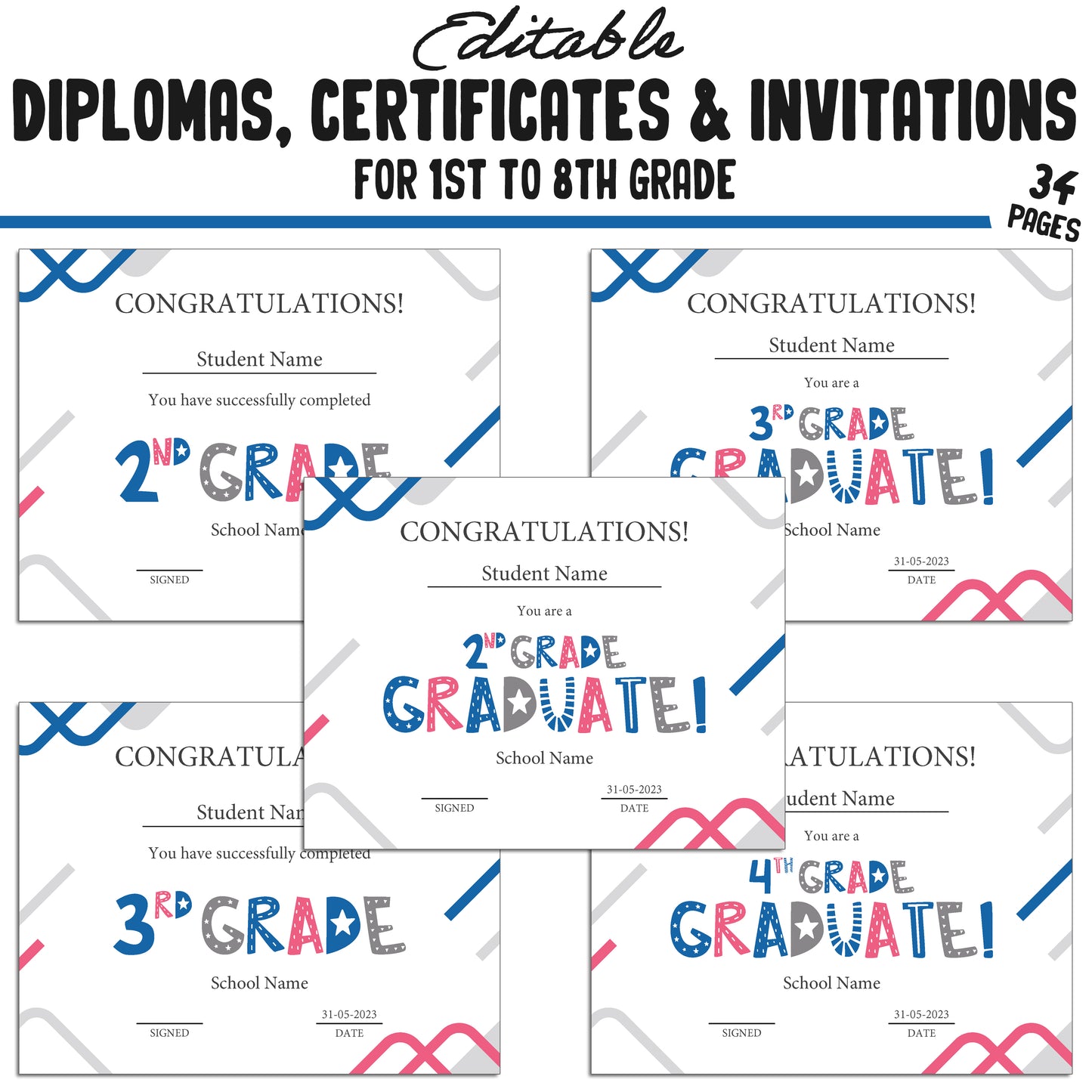 Graduation Diploma for First Graders, 1st-8th Grade Certificates, and Invitation Templates in a Modern Blue Theme, PDF Instant Download.