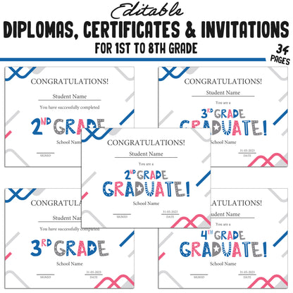 Graduation Diploma for First Graders, 1st-8th Grade Certificates, and Invitation Templates in a Modern Blue Theme, PDF Instant Download.