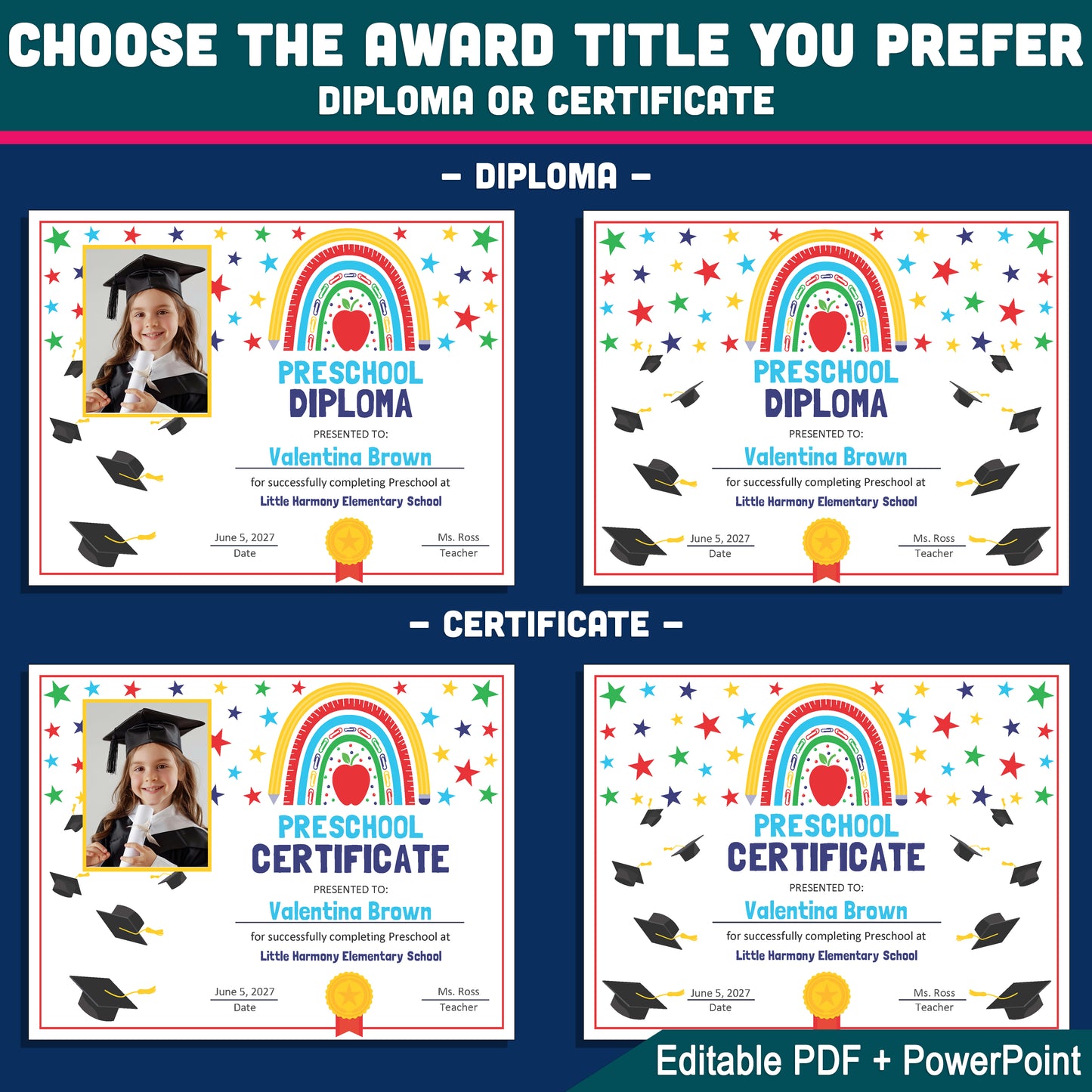 Certificate of Achievement, Printable Rainbow School Awards, Photo and No-Photo Options, PDF and PowerPoint Templates