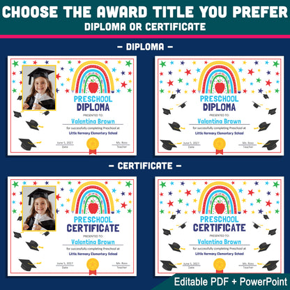 Certificate of Achievement, Printable Rainbow School Awards, Photo and No-Photo Options, PDF and PowerPoint Templates
