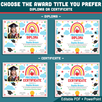 Editable Graduation Certificate, Preschool & Beyond, Any Grade Template, Reusable Diploma or Certificate, With and Without Photo, PDF PowerPoint