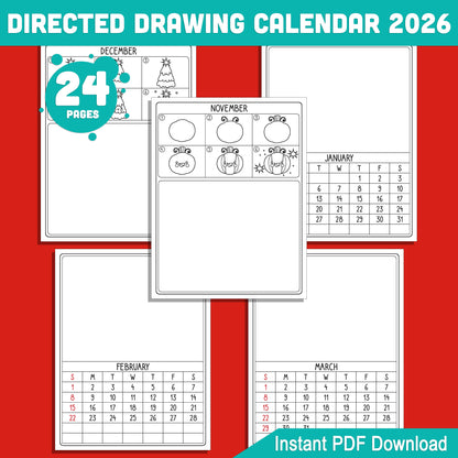 How to Draw Calendar 2026: 12 Months of Directed Drawing Fun, Perfect Christmas Gift for Parents & Kids, Printable PDF Download