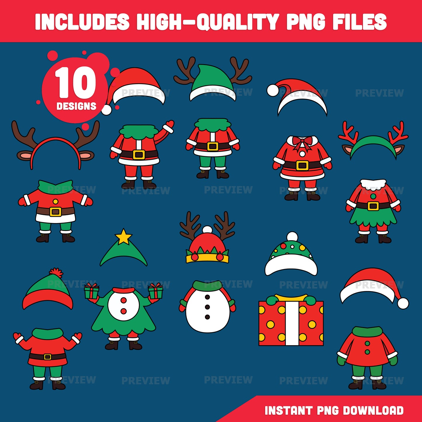Christmas Costume Add-Your-Face Templates – Winter Body Templates, 10 Designs, Coloring Version Included, High-resolution PDF + PNG Files for Classroom Displays, Home Activities, and Parties