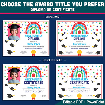 Editable Kindergarten Graduation Diplomas, Printable Rainbow Awards, Diploma or Certificate, PDF and PowerPoint, Any Grade