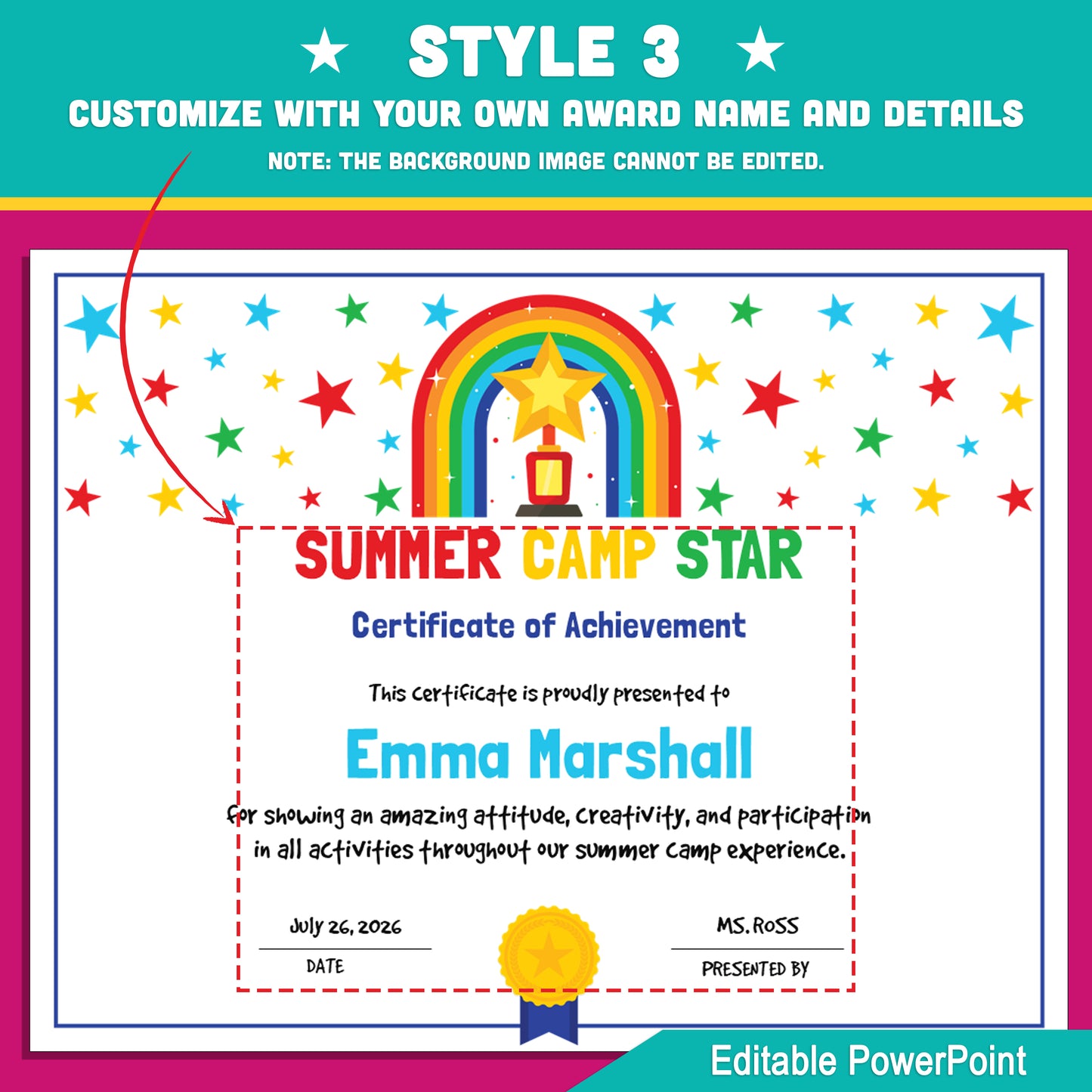 Summer Camp Star Certificates – Editable Awards with Photo Area, 4 Fun Versions for All Summer Activities, 8.5x11", PowerPoint