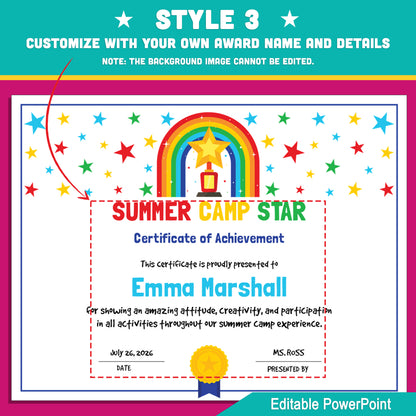 Summer Camp Star Certificates – Editable Awards with Photo Area, 4 Fun Versions for All Summer Activities, 8.5x11", PowerPoint