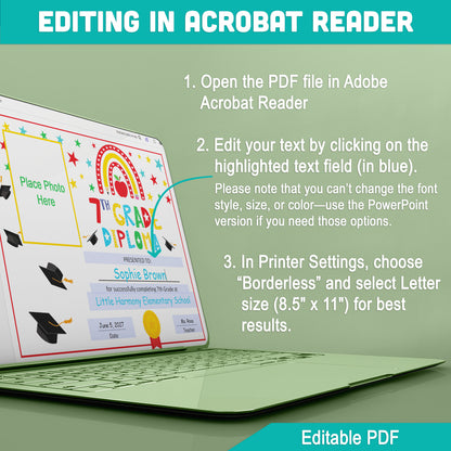 Editable 7th Graduation Diploma & Certificate Set, Rainbow Stars Graduation Awards, Photo or No-Photo Options, Edit in PDF, PowerPoint, Canva