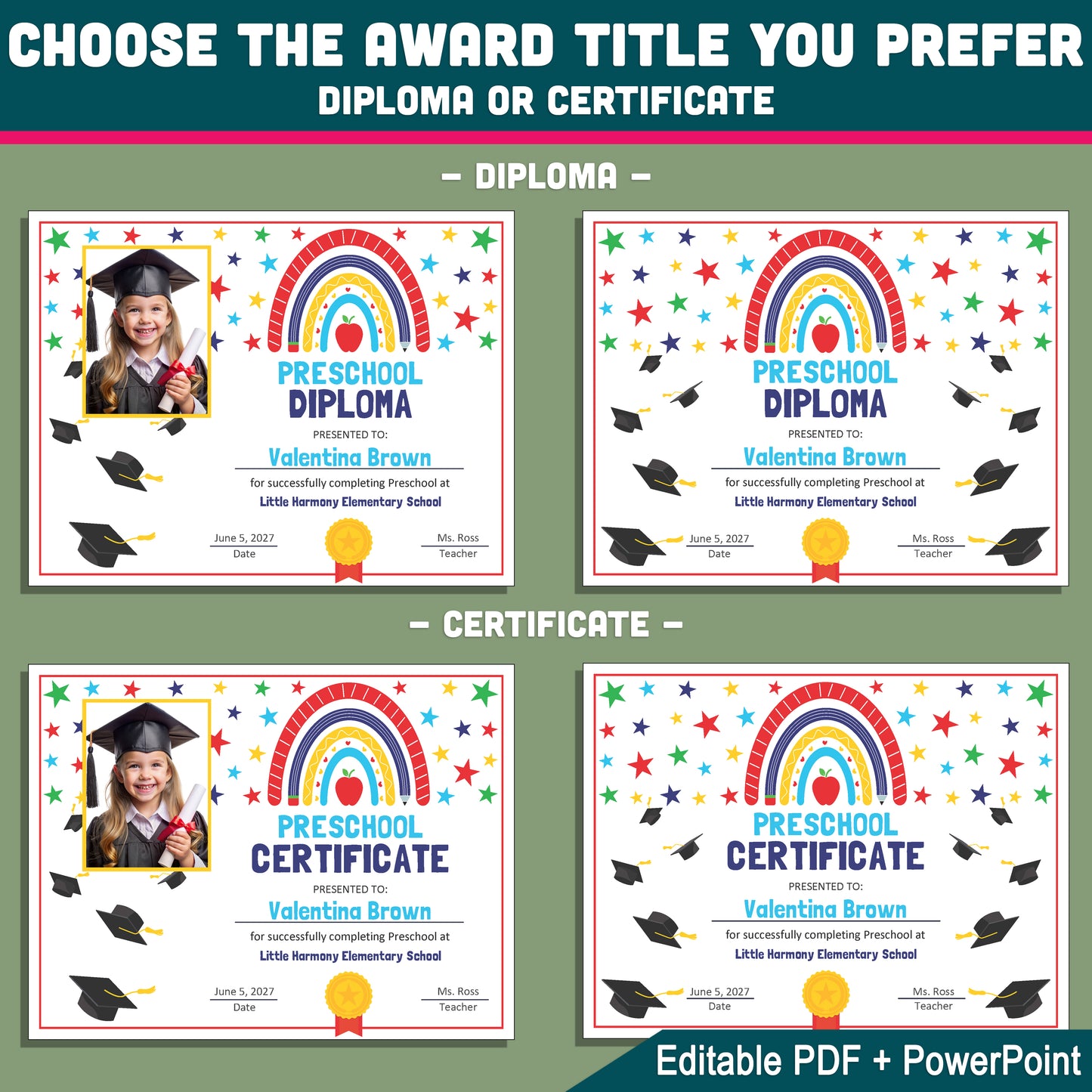 Editable Certificate of Completion, Printable Student Recognition Awards, PDF and PowerPoint, Pre-K to 8th & Beyond