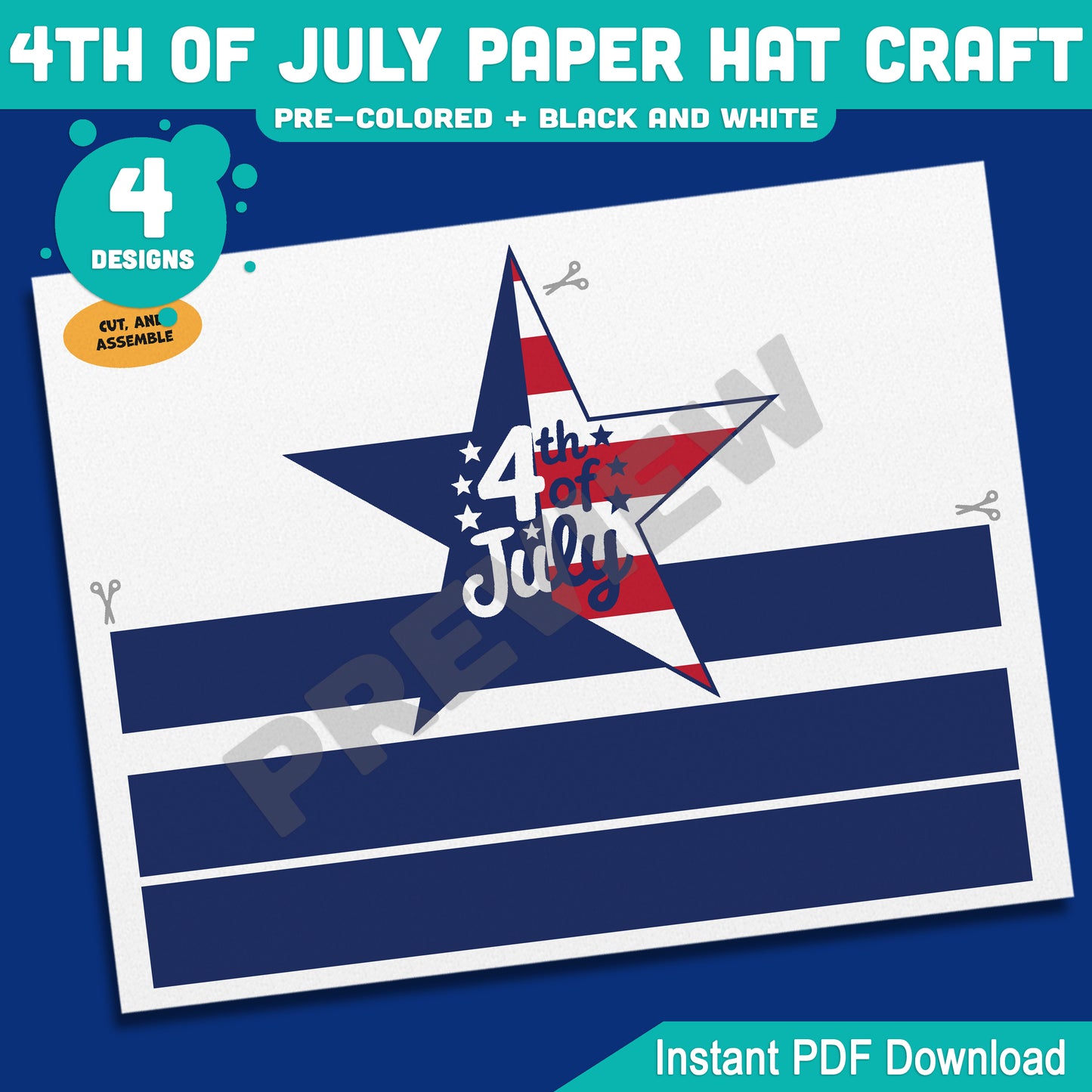 4th of July Paper Hat Craft, Patriotic Wearable Craft Activity for Kids, Printable Independence Day Party Hat Templates