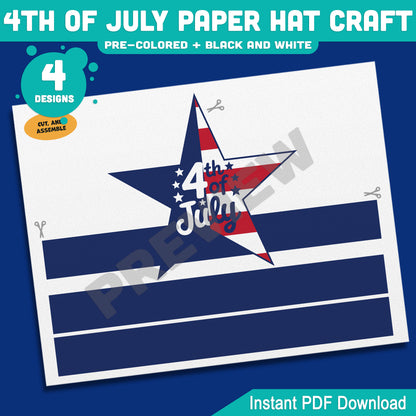 4th of July Paper Hat Craft, Patriotic Wearable Craft Activity for Kids, Printable Independence Day Party Hat Templates