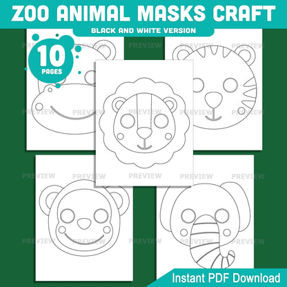 Animal Mask Templates Printable, Zoo Theme Activity, Kids Creative Play Resource, Preschool Classroom Art Center, 10 Designs, Pre Colored Black White, 8.5x11, Instant PDF