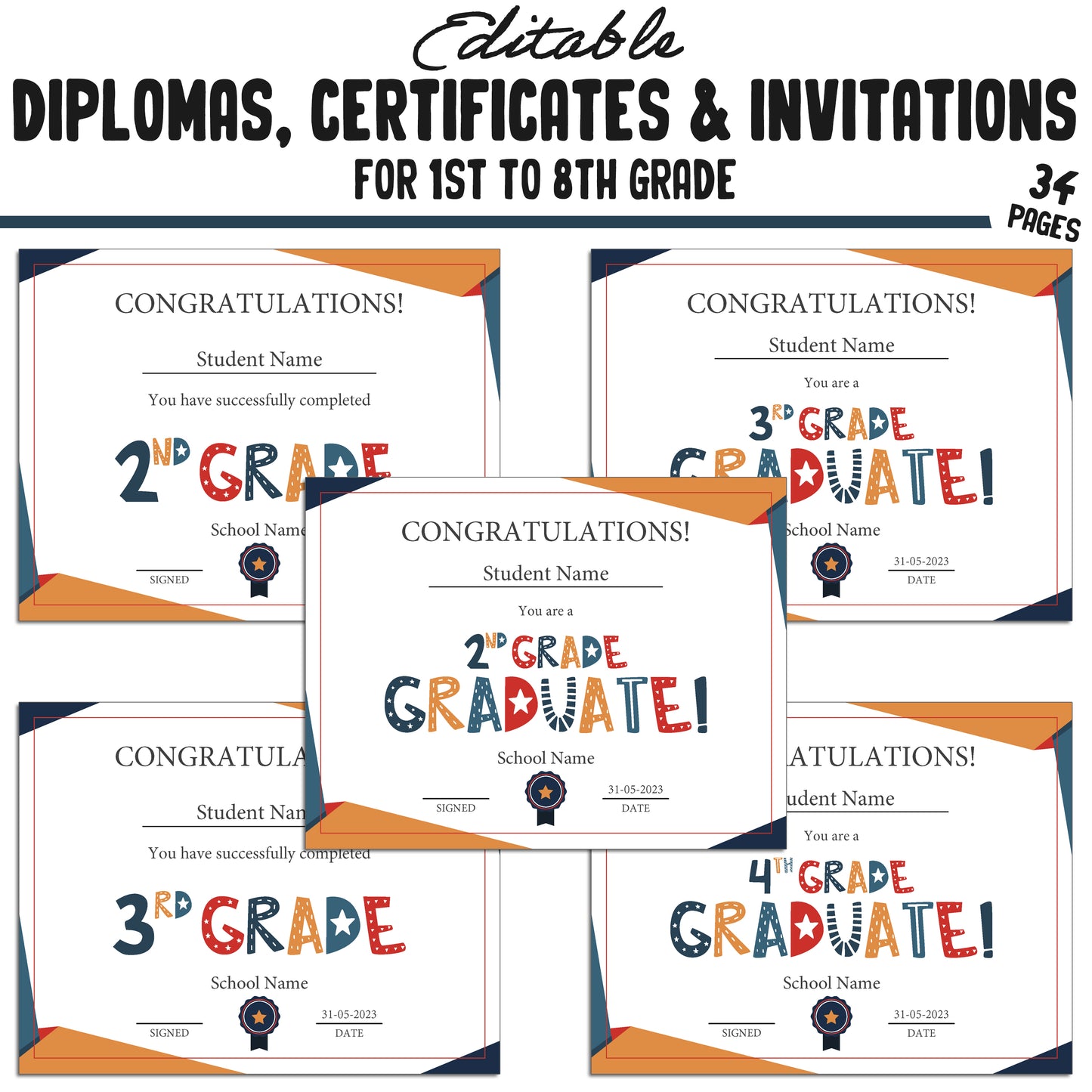 Printable 4th Grade Diplomas, Editable Certificates for 1st-8th Grades & Invitation Templates in a Flat Design, 34 Pages, Instant Download