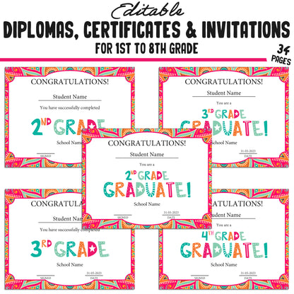 Printable 7th Grade Diplomas, Editable Certificates for 1st-8th Grades, Invitation Templates in Mandala Design, 34 Pages, Instant Download