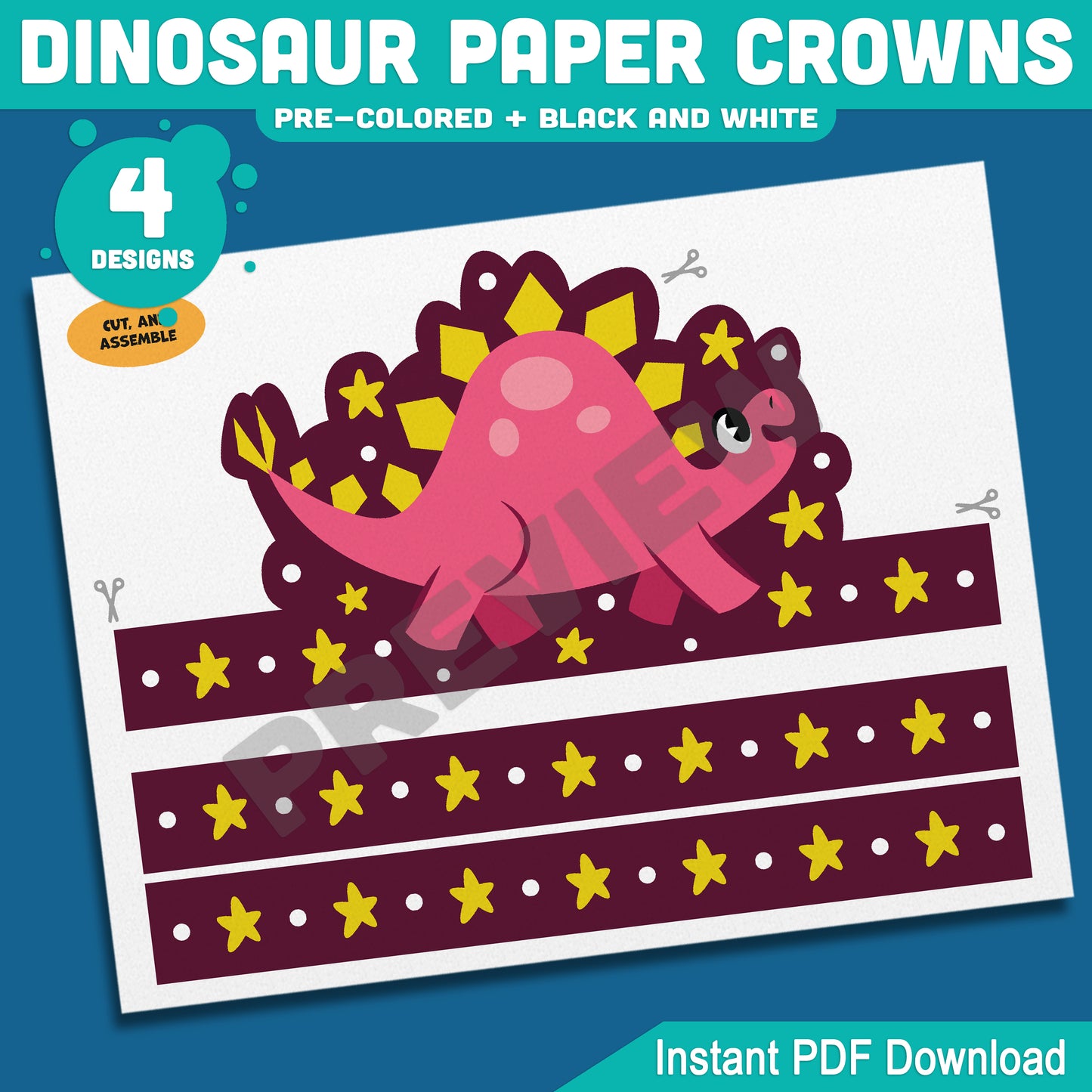 Dinosaur Paper Crowns, Printable Headbands, Color Your Own Paper Hats, Dinosaur Crown Craft, Printable Classroom Activity, US Letter, A4