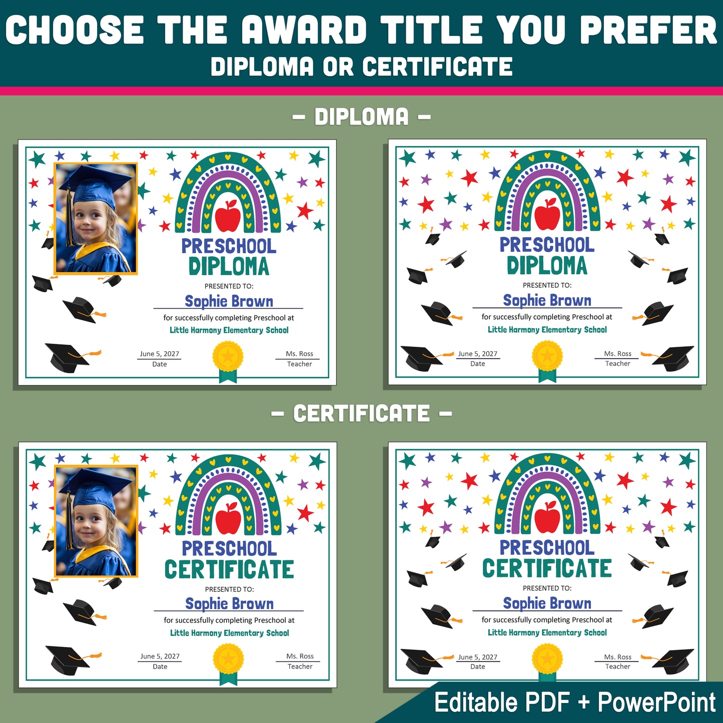 Editable Preschool Graduation Certificate, Printable Rainbow and Star Awards, Diploma or Certificate, PDF and PowerPoint, Photo Options