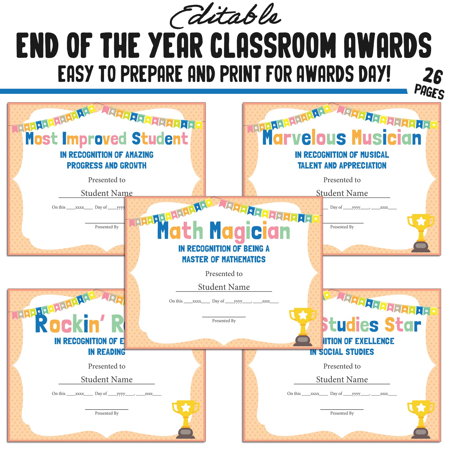 Printable & Editable End of Year Awards Certificates, 26 Pages, PDF, Instant Download – Perfect for Classroom and Student Achievements