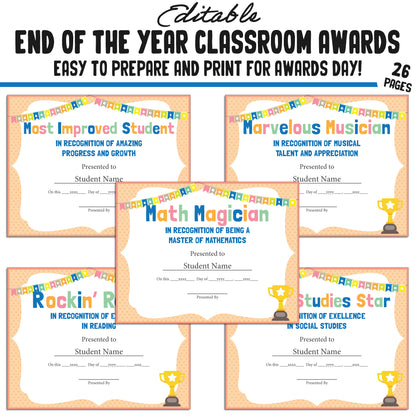 Printable & Editable End of Year Awards Certificates, 26 Pages, PDF, Instant Download – Perfect for Classroom and Student Achievements