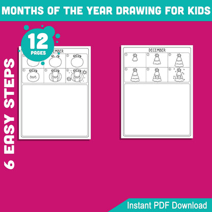 12-Month Step-by-Step Drawing Guides for Kids: Easy How to Draw Tutorials Featuring Monthly Themes, Fun and Creative, PDF Instant Download