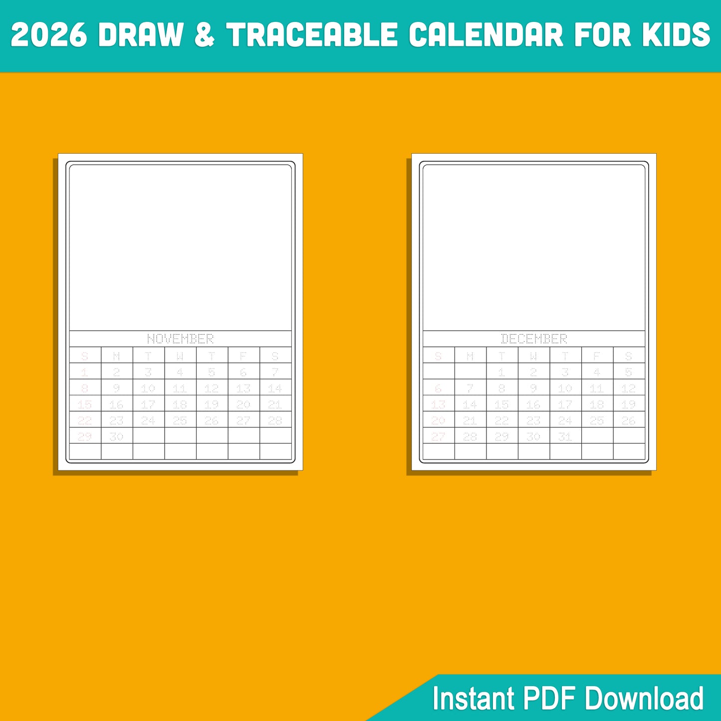 2026 Traceable Calendar for Kids: 12-Month Template to Trace and Draw, Includes Free 12-Month Blank Calendar Template, PDF Instant Download, 8.5x11 Inches