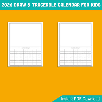 2026 Traceable Calendar for Kids: 12-Month Template to Trace and Draw, Includes Free 12-Month Blank Calendar Template, PDF Instant Download, 8.5x11 Inches