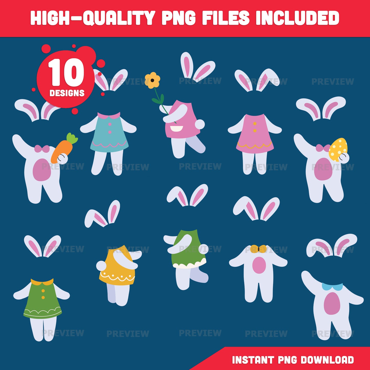 Easter Bunny Photo Craft for Kids, Add Your Own Face Bunny Templates, 10 Printable Designs, Coloring Version Included, PDF + PNG