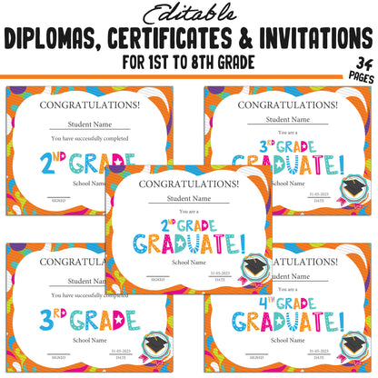 34 Editable 1st-8th Grade Certificates, Diplomas, and Invitation Templates, Orange-Themed, PDF Instant Download