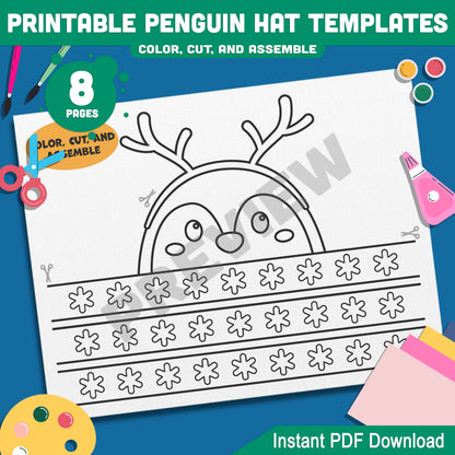 Printable Penguin Crown Craft Templates: 4 Winter-Themed Designs for Kids to Color, Cut, and Assemble, Includes Black & White, Instant Download.