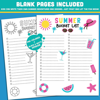 Summer Bucket List for Kids: Editable Printable Template in PDF & PowerPoint, Pre-Colored & Black & White Versions, 8.5x11, Instant Use