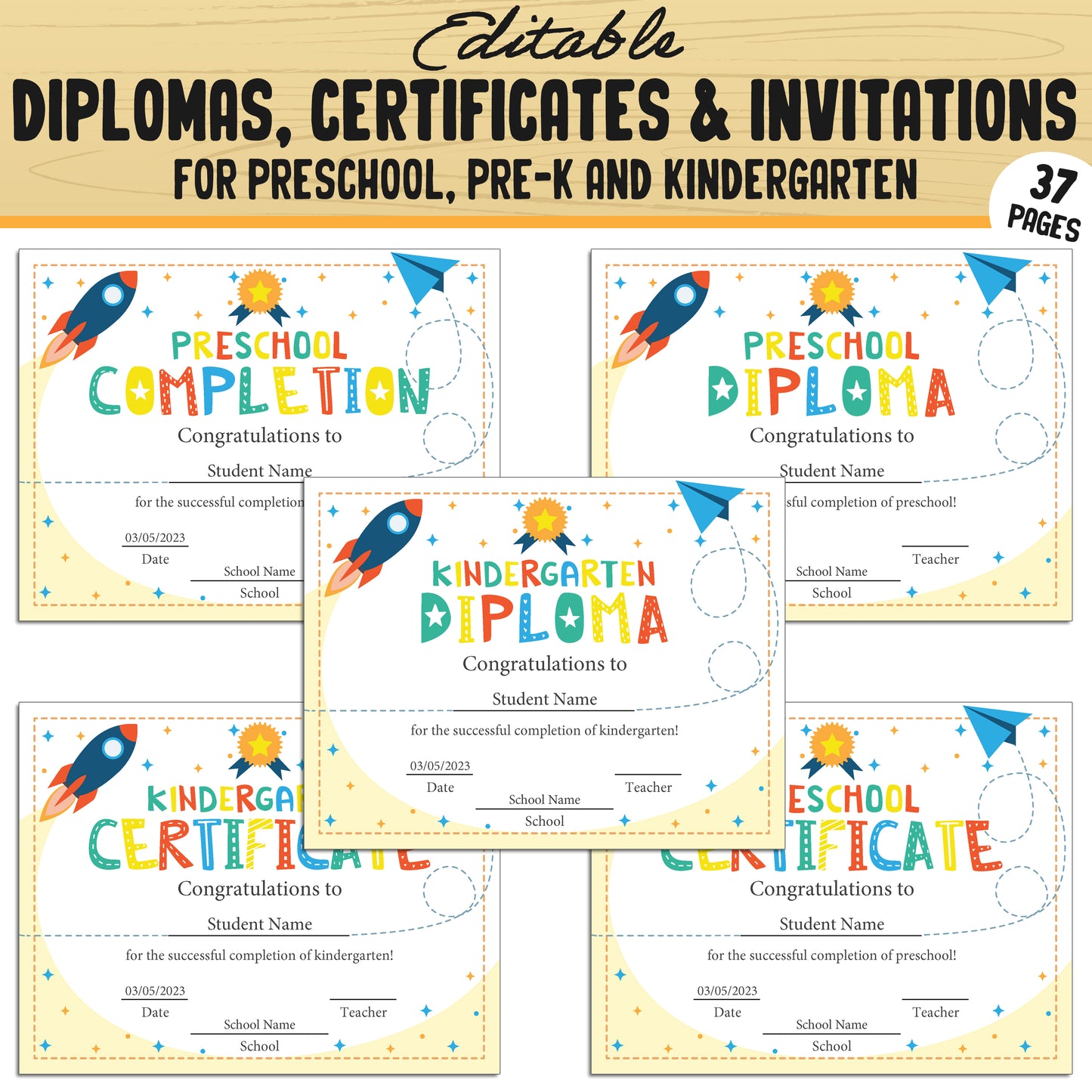 Fun and Editable Preschool, Pre-K, and Kindergarten Diplomas, Certificates, and Invitations – 37 Customizable PDF Pages, Instant Download