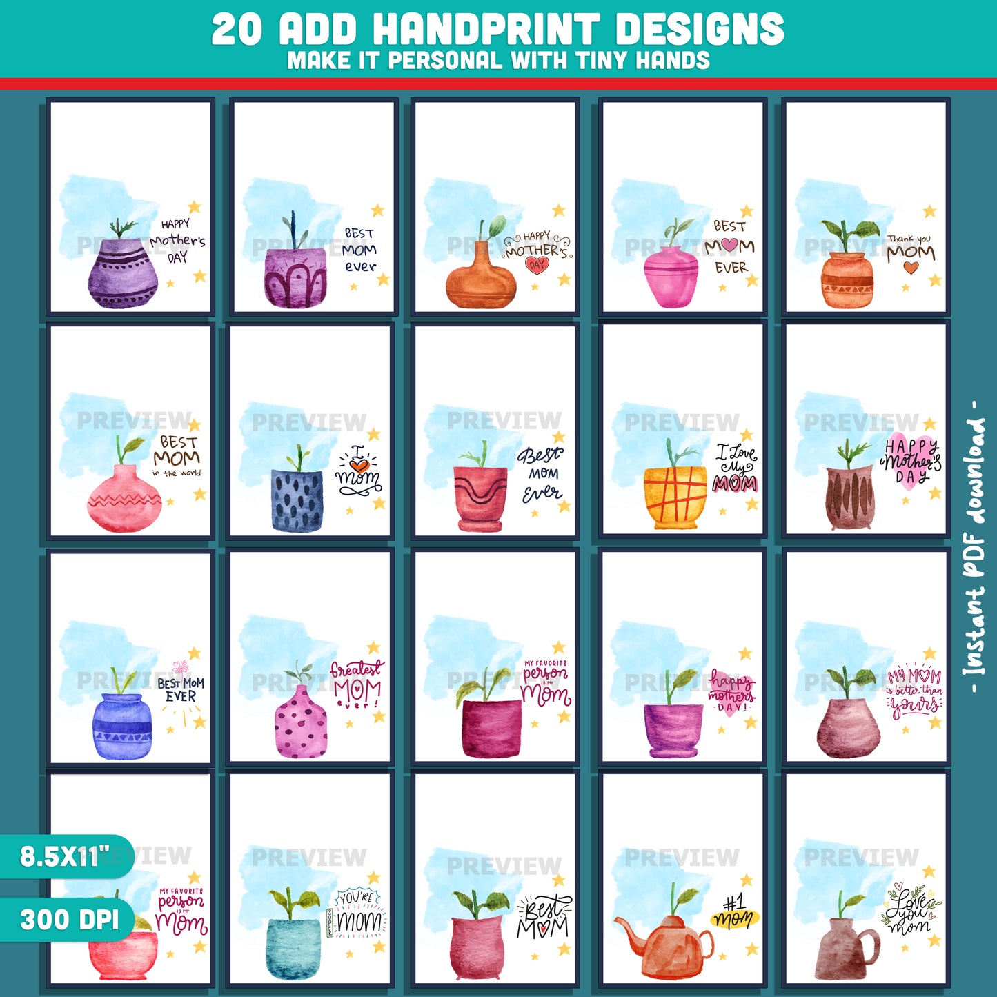 Mother’s Day Handprint Craft for Kids – Bloom Flower Pot Art, Printable Keepsake Gift from Kids, Classroom Craft for Mom, Nana, Grandma, 20 Templates