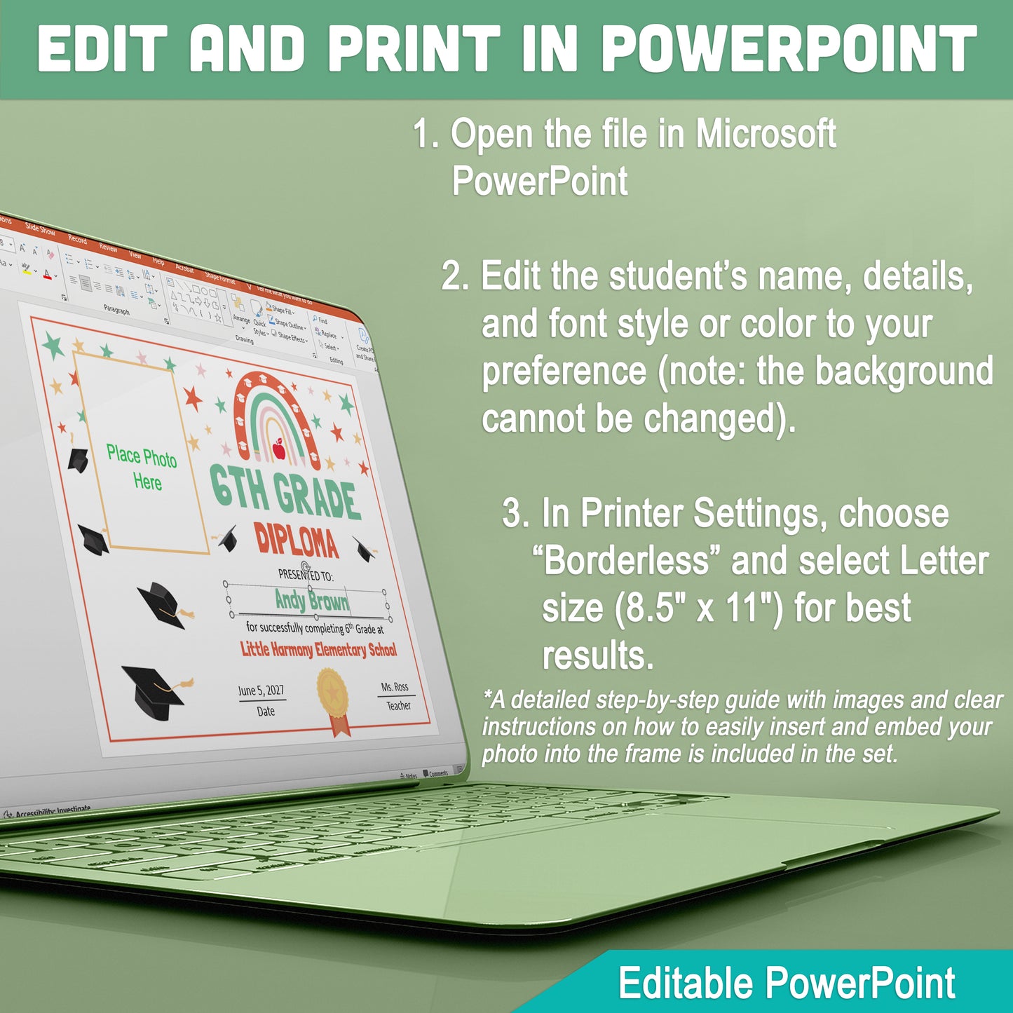 Editable 6th Grade Graduation Diploma & Certificate Set, Retro Rainbow Stars Theme, Printable Awards, Photo or No-Photo, PDF, PowerPoint