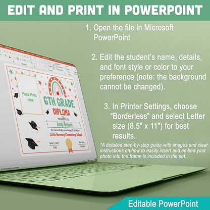 Editable 6th Grade Graduation Diploma & Certificate Set, Retro Rainbow Stars Theme, Printable Awards, Photo or No-Photo, PDF, PowerPoint