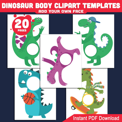 Dinosaur Body Clipart Templates: Add Your Photo Face for a Fun Dino-Themed Craft, 20 Printable Cutouts for Kids’ DIY Art Activity, PDF Instant Download