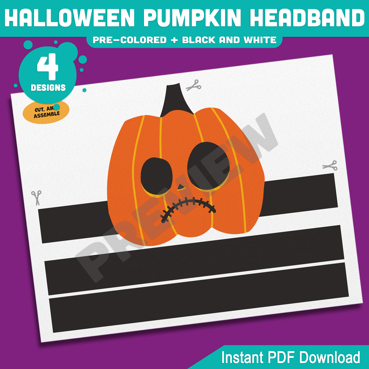 Halloween Pumpkin Headband Craft, Printable Pumpkin Hat, Autumn Paper Crown, Pre-Colored and Black & White, 4 Designs, US Letter, A4 PDF