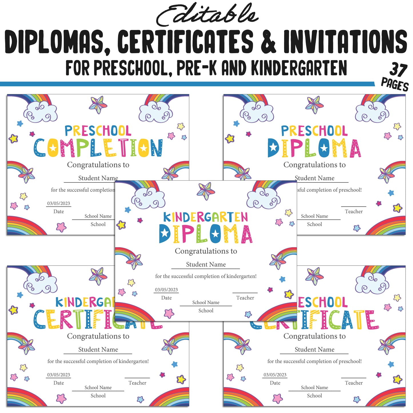 37 Editable Pre-Kindergarten, Kindergarten, and Preschool Diploma, Certificate & Invitation Templates, PDF Files, Instant Download