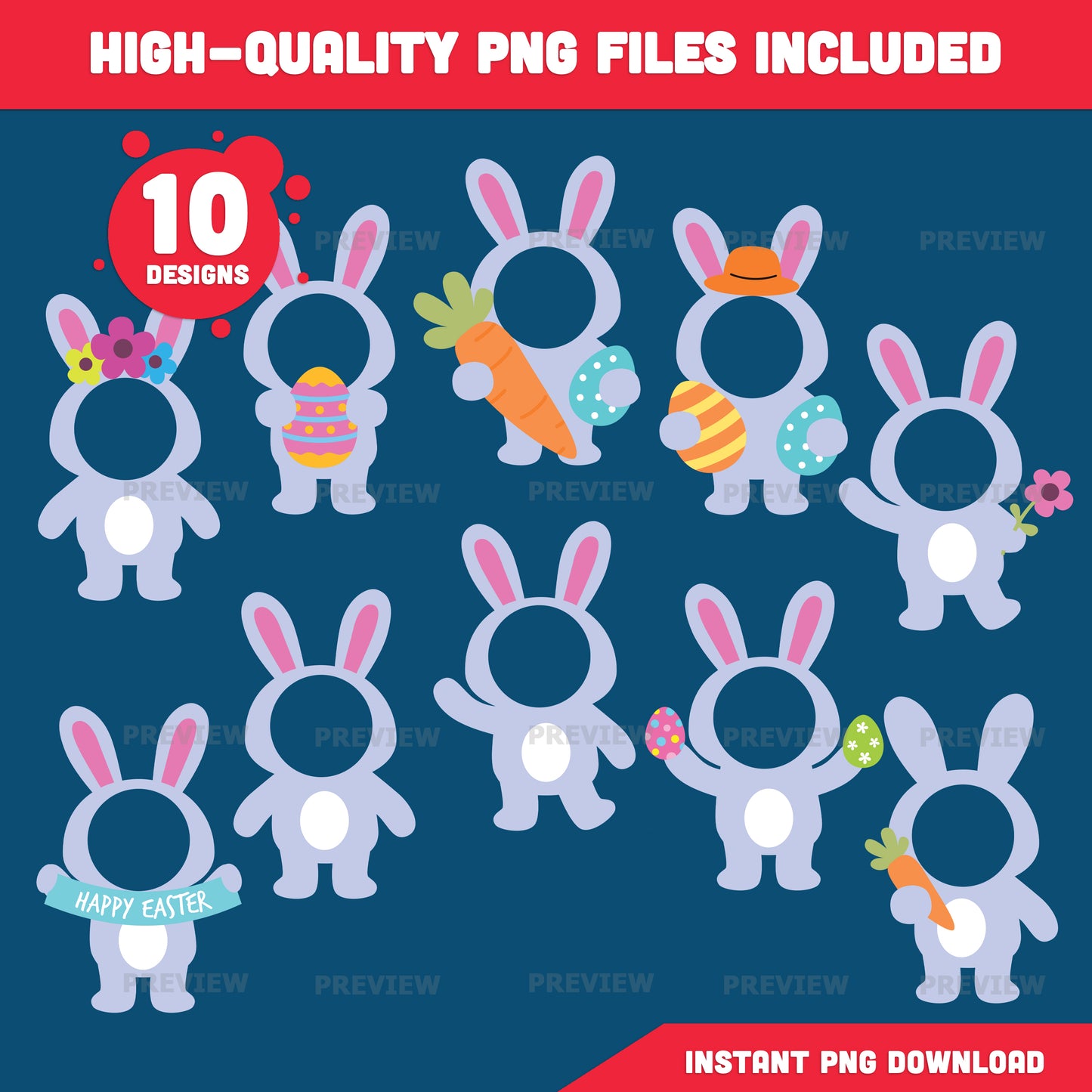 Blank Bunny Face Templates, Easter Add Your Own Face Craft, Coloring Version Included, Bulletin Board Bunny Body, PDF PNG Download