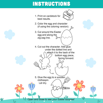 DIY Easter Puppet Printable, Easter Egg Surprise Craft Printable with Bunny and Chick, Clothespin Puppet Craft Templates, 4 Designs